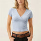 Solid Color Wrap V Neck Short Sleeve Crop T Shirt Women Stretchy Slim Waist Ruched Cropped Top Casual Summer Basic Tee