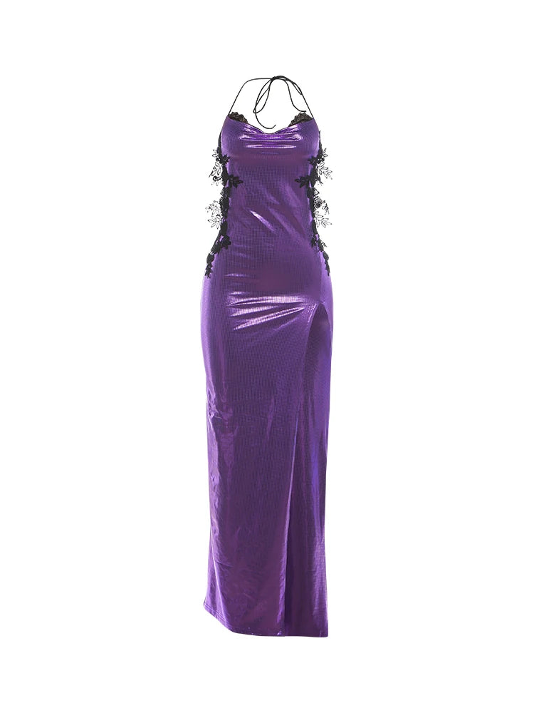 Sexy Shiny Long Dress Woman Lace Jacquard Decoration Halter Low-Neck Backless Splits Hem Prom Party Elegant Vestidos