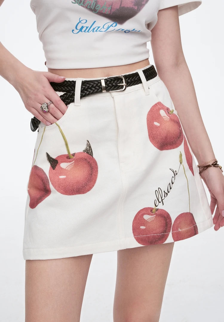 2025 Spring New Arrivals Y2K Original Cherry Printed Denim Skirt Women's Cotton A-Line Mini Skirt(Gift belt)