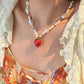 Women's Strawberry Pendant Pearl Necklace, Colorful Beaded Baroque Pearl Choker, Cute Y2K Style Collarbone Jewelry