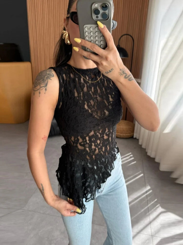 Sleeveless Asymmetrical Tops for Woman Clothing Sexy Summer See Through Lace Shirts & Blouses