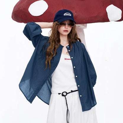 Women's Solid Color Sheer Blouse, Stand Collar Puff Sleeve Casual Button Down Loose Fit Shirt