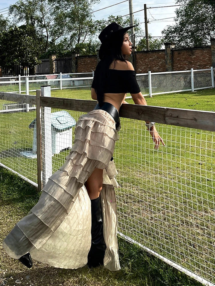 Y2K Tierred Skirts Women Split Patchwork Skinny Hottie Sexy Midnight Music Festival Street Trend Chic Long Bottoms