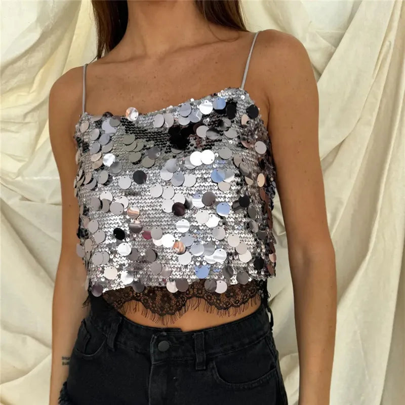 Sequins Cami Crop Top Spaghetti Strap Lace Hem Sparkly Camisole for Music Festival Beach Vacation Boho Party Outfits