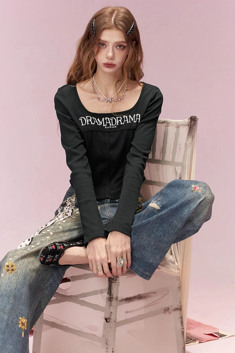 Cropped Long-Sleeve T-shirt with Letter Print, Y2K U-Neck Streetwear Tops for Women, Fashion Casual Tee for Daily Outfit