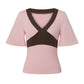 Womens Contrast Color Cross V Neck Short Sleeve Crop Tee Slim Fitted Patchwork Tshirt Summer Casual Y2K Cropped Top