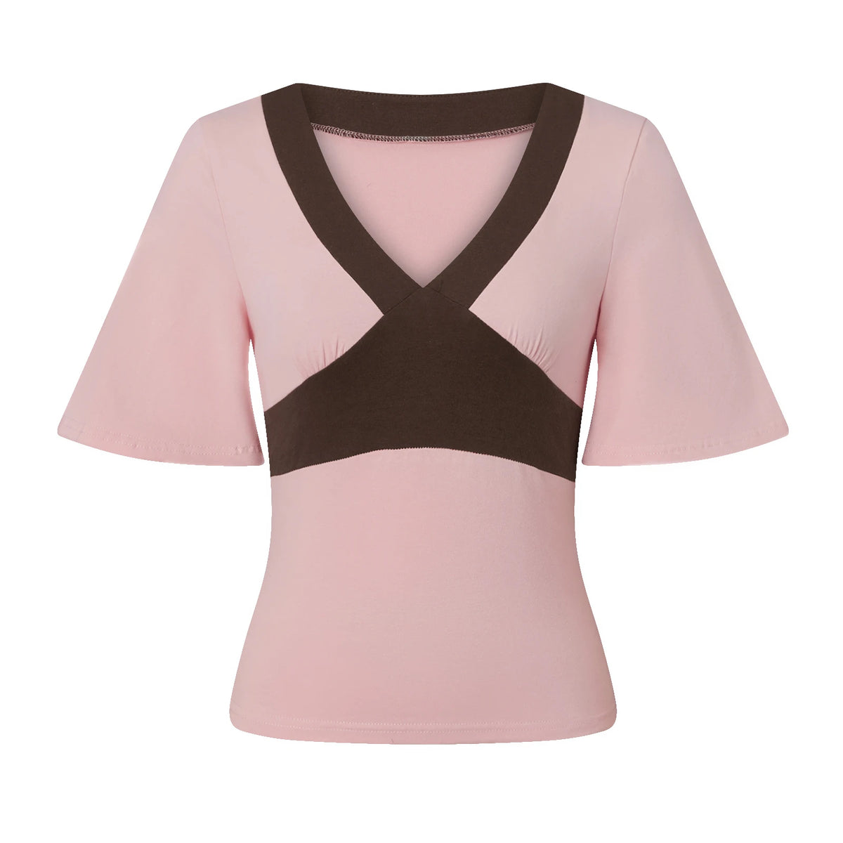 Womens Contrast Color Cross V Neck Short Sleeve Crop Tee Slim Fitted Patchwork Tshirt Summer Casual Y2K Cropped Top