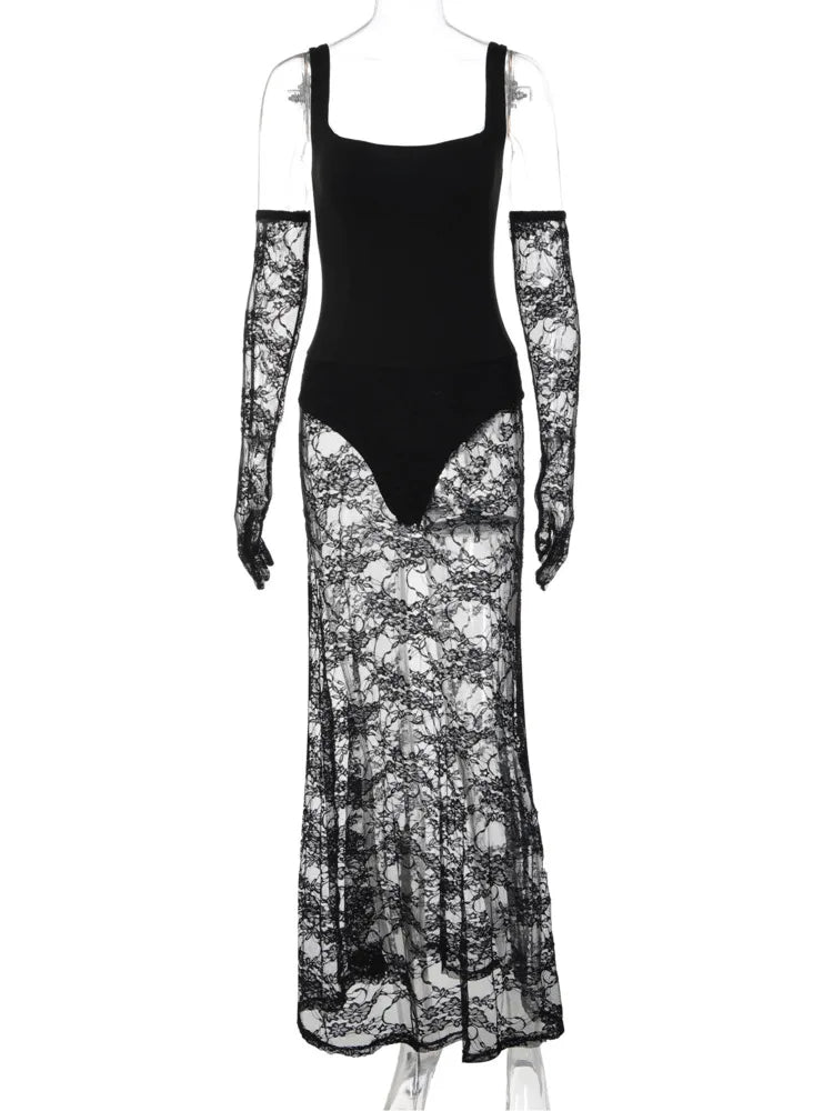 Women Mesh Lace Sexy Maxi Dress Sleeveless See‑Through Long Dress With Lace Gloves Evening Party Club Bodycon Dresses