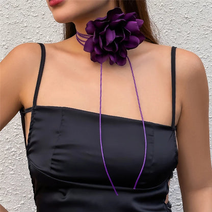 Exaggerated Romantic Big Rose Flower Clavicle Chain Necklace Women Kpop Adjustable Bowknot Rope Choker Jewelry Y2K Accessories