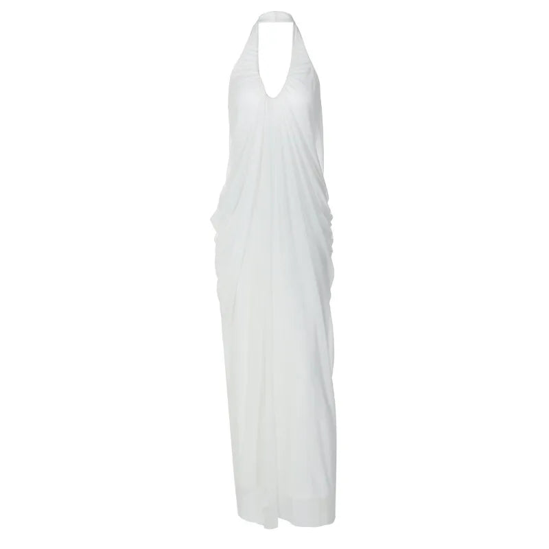 V Neck Backless Sleeveless Pleated Long Maxi Dress Sexy Mesh White Dresses for Woman Party Wedding