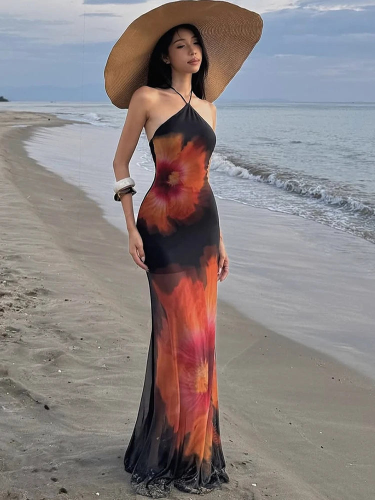 Stretch See Through Dress Women Beach Vacation Flower Print Halter Backless Bandage Sleeveless Party Elegant Vestidos