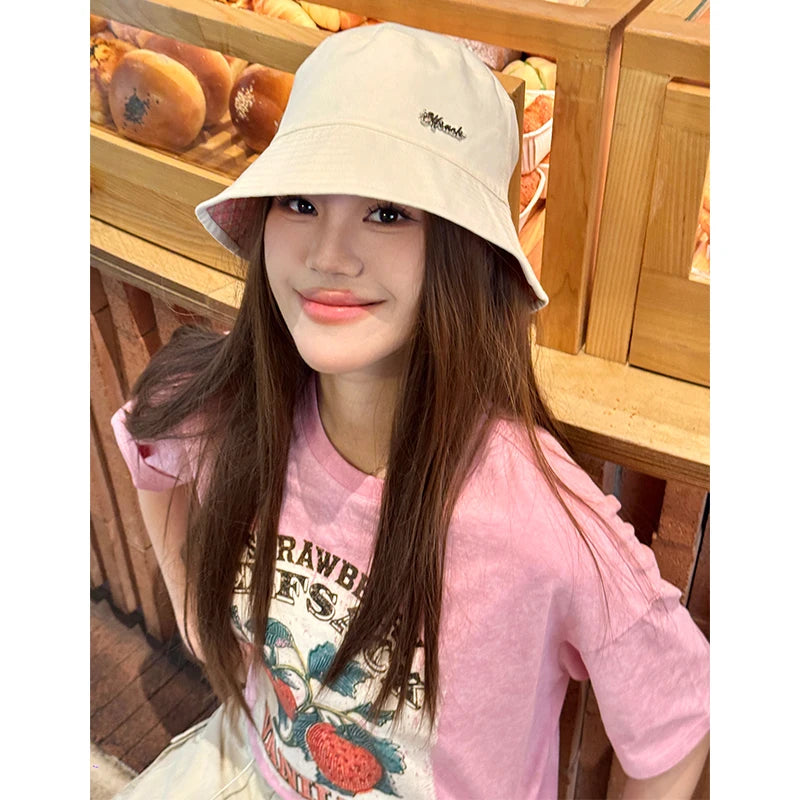 Reversible Pink Plaid & Beige Bucket Hat with Metal Logo for Women