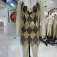Women Rhombus Sparkly Rhinestone Mesh Mini Dress Chain Halter Backless Fringe Hem Bodycon Dress Nightclub Party Clubwear