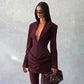 Ruched Blazer Mini Dress Sexy Deep V Neck Long Sleeve Dresses Woman Clothes Fall Winter