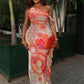 Colorful Print Dress Women Sexy Trend See Through Rope Diagonal Collar Patchwork Stretch Beach Vacation Party Bodycon