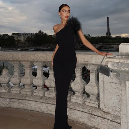 Feathers One Shoulder Backless Maxi Dress 2023 Luxury Elegant Long Black Evening Dresses Gown for Ladies