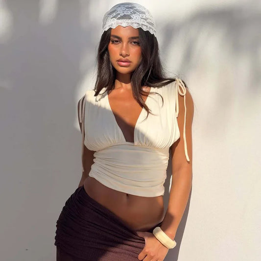 Lace Up Deep V Neck Sleeveless Crop Tops Summer 2026 Sexy Going Out Top Woman Clothes