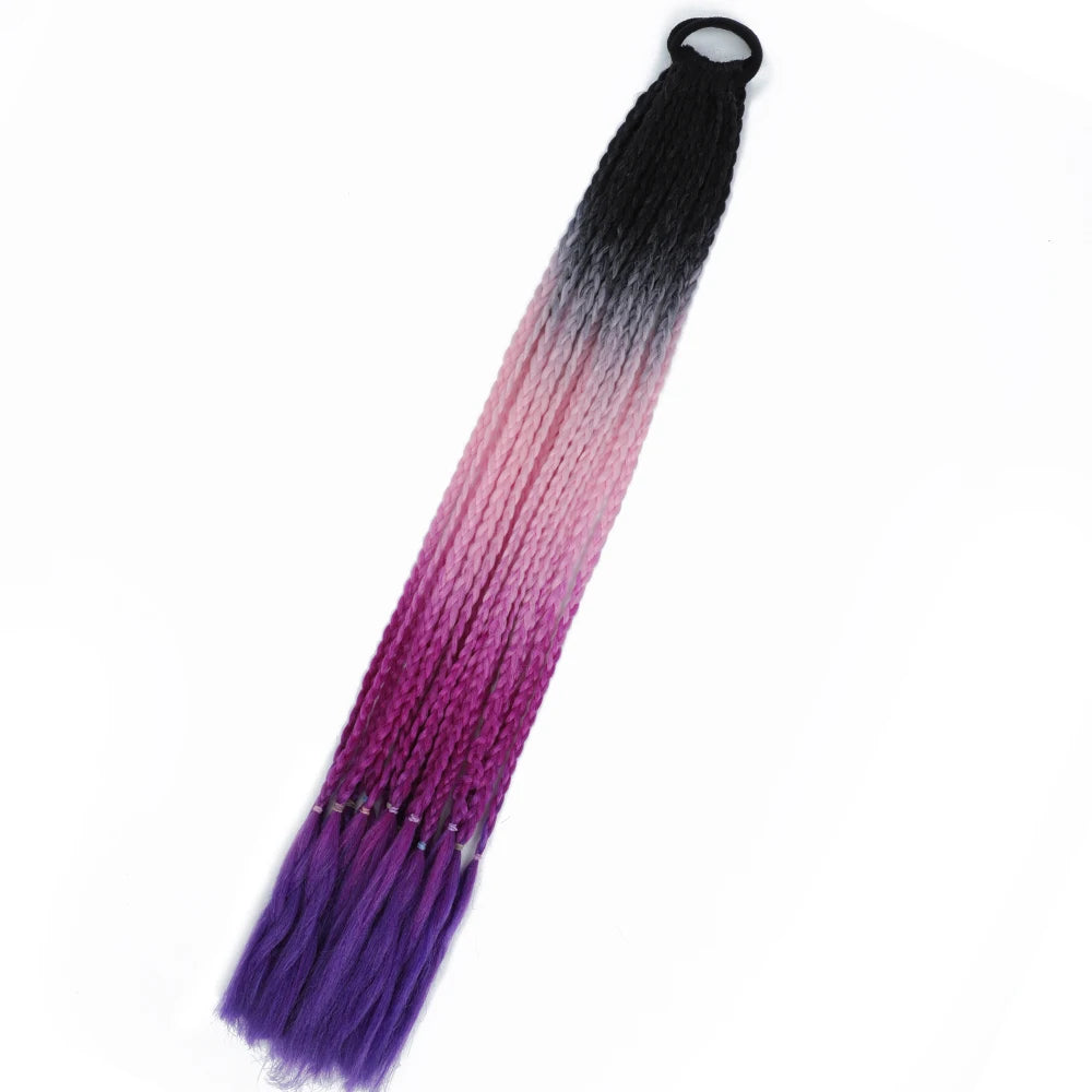 Synthetic 24inch Girls Colored Box Braided Ponytail With Elastic Rubber Band Hair Extensions Rainbow Color Box Pigtail Hairpiece