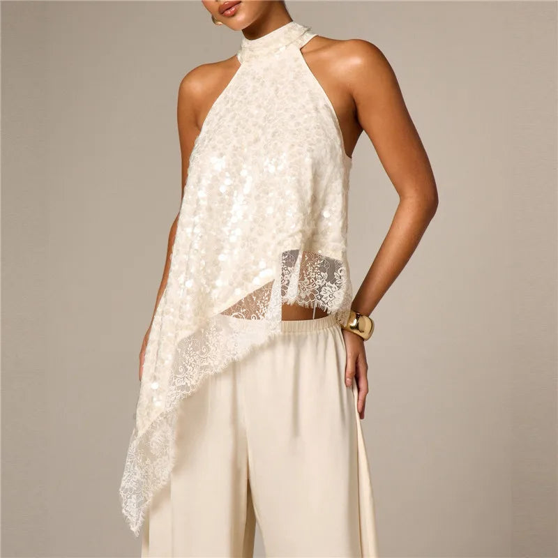 Women Halter Neck Sequin Lace Tank Top Sleeveless Asymmetrical Hanky Hem Back Keyhole Cutout Party Club Blouse Tops