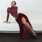 See Through Mesh Dress Suits for Woman Club Outfits Turtleneck Long Sleeve Bodysuit Top Furry Split Long Skirt