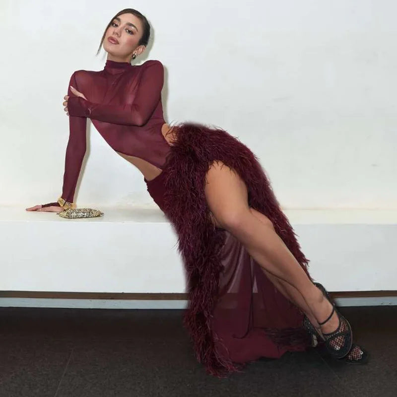 See Through Mesh Dress Suits for Woman Club Outfits Turtleneck Long Sleeve Bodysuit Top Furry Split Long Skirt