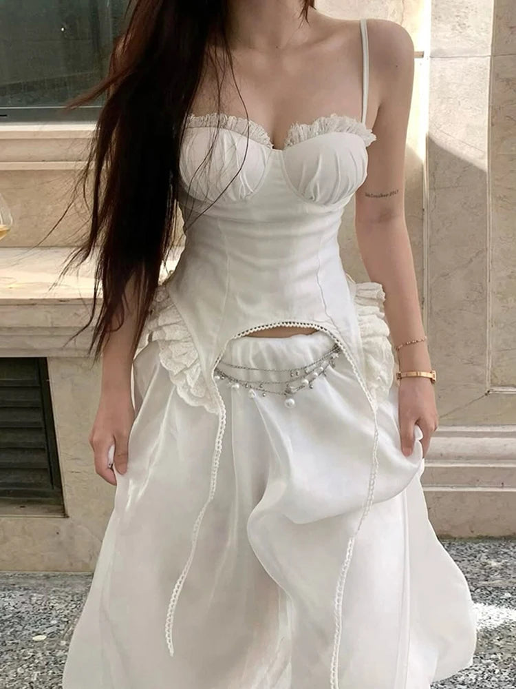 Patchwork Lace Camisole Women Y2K Strapless Fungus Edge Irregular Hem Tassel Skinny Backless Summer Sexy Classic Tops