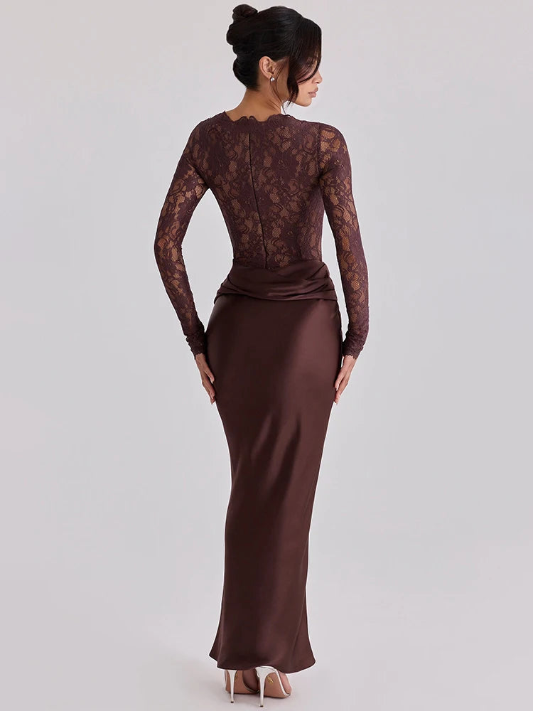 Off Shoulder Lace Satin Maxi Dress Women Elegant Long Sleeve Ruched Bodycon Mermaid Evening Club Party Formal Dress