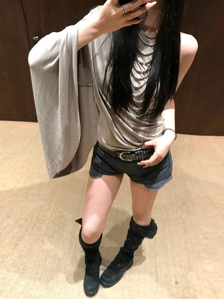Slanted Shoulders t-Shirt Women One-Sided Flare Sleeve Folds Solid Skinny Simple Classic Street Leisure Chic Outfit