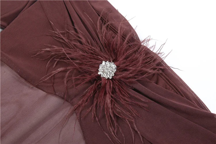 Waistless Long Dress Woman Mesh Patchwork 3d Furry Decoration Slash Neck Backless Street Fashion Ruched Elegant Vestidos