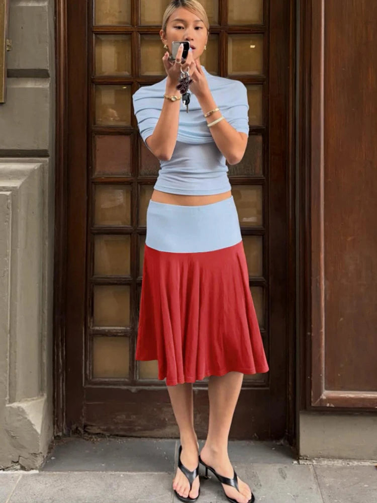 Fashion Summer 3-Piece Set Women Turtleneck Folds Shawl+Simple Solid Tank Tops+Patchwork Color Blocking Skirt Outfit