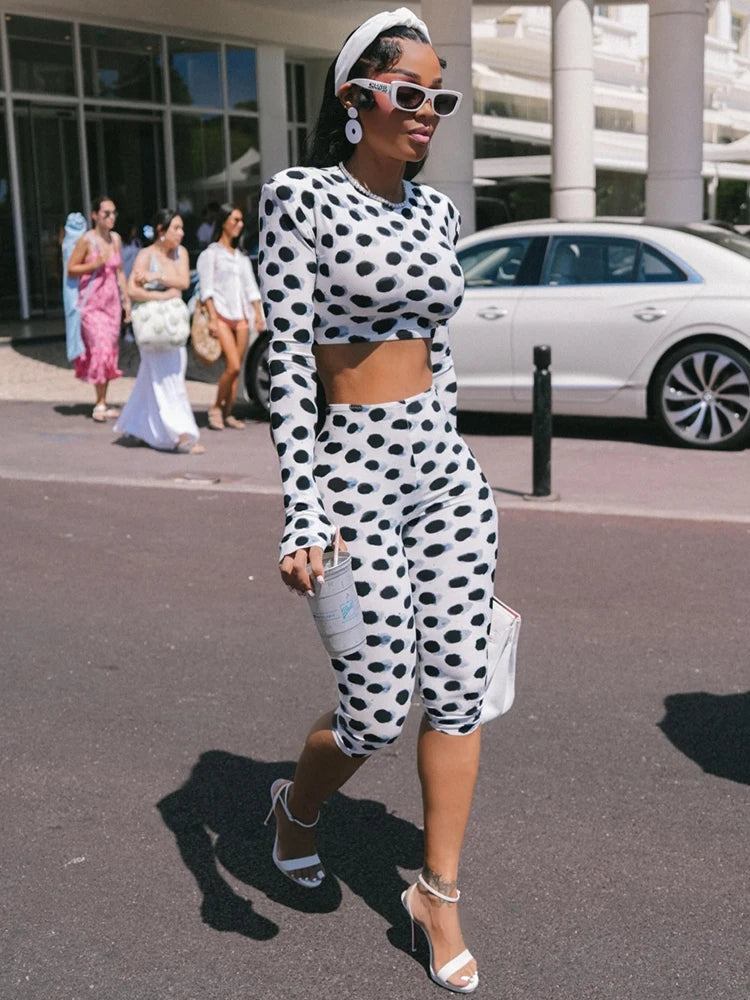 Polka Dot Print 2 Piece Set Women Trend O-Neck Full Sleeve Crop T-Shirt+Capri Pants Fashion Chic Street Sport Suits