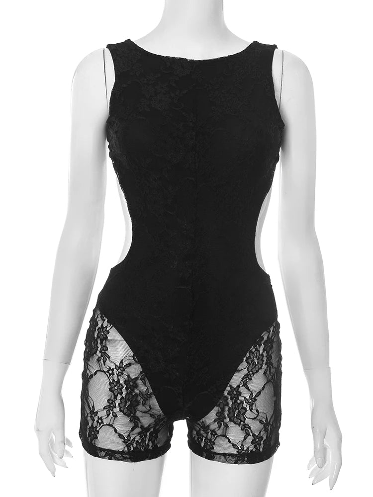 Lace Patchwork Playsuits Women o-Neck Sexy Backless Sleeveless Skinny Peach Hip Hottie Midnight Club Party Romper