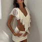 Ruffled Sexy Two Piece Set Women V Neck Sleeveless Tank Top Mini Skirt Matching Sets Female Club Party Dress Sets