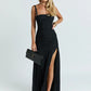 Women Spaghetti Strap Square Neck Maxi Dress Ruched Bodycon High Split Long Dress Elegant Evening Party Prom Dresses