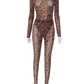 Leopard Print Sexy Mesh 2 Piece Set Women Turtleneck Full Sleeve Bodysuit+Skinny Peach Hip Long Pants Wild Style Suit