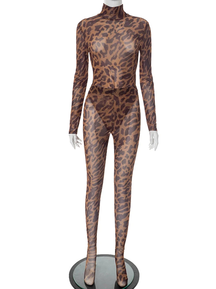 Leopard Print Sexy Mesh 2 Piece Set Women Turtleneck Full Sleeve Bodysuit+Skinny Peach Hip Long Pants Wild Style Suit