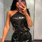 Sequins Patchwork Dress Woman Summer Trend Bandage Halter Off Shoulder Backless Midnight Club Party Sexy Mini Bodycon