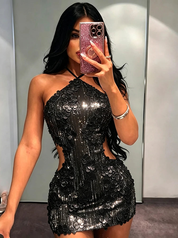 Sequins Patchwork Dress Woman Summer Trend Bandage Halter Off Shoulder Backless Midnight Club Party Sexy Mini Bodycon
