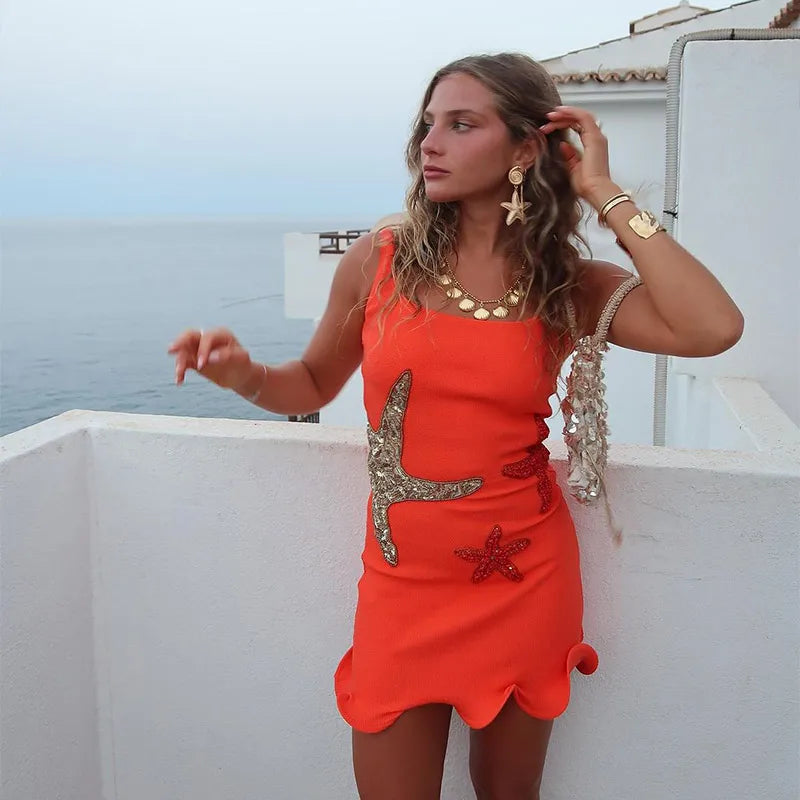 Sparkling Sequined Strap Women's Knit Mini Dress Elegant Shiny Sleeveless Bodycon Holiday Dresses Beach Party Vestido