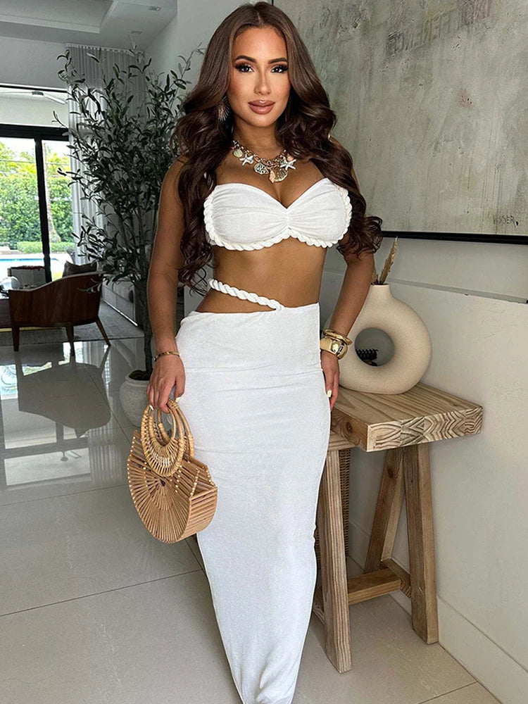 Velvet Y2K Sexy 2 Piece Set Women Vacation Ruched Plait Camisole+Hollow Skirts Bandage Beach Party Skinny Clubwear