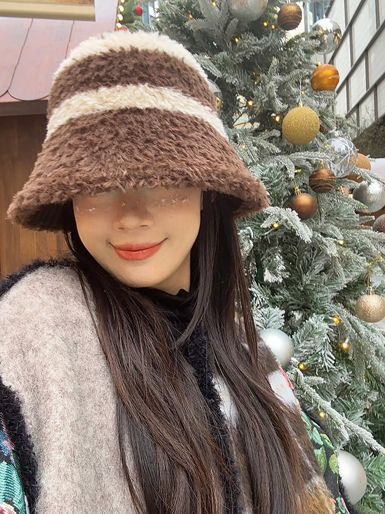 Sweet Striped Color Block Warm Plush Bucket Hat For Women