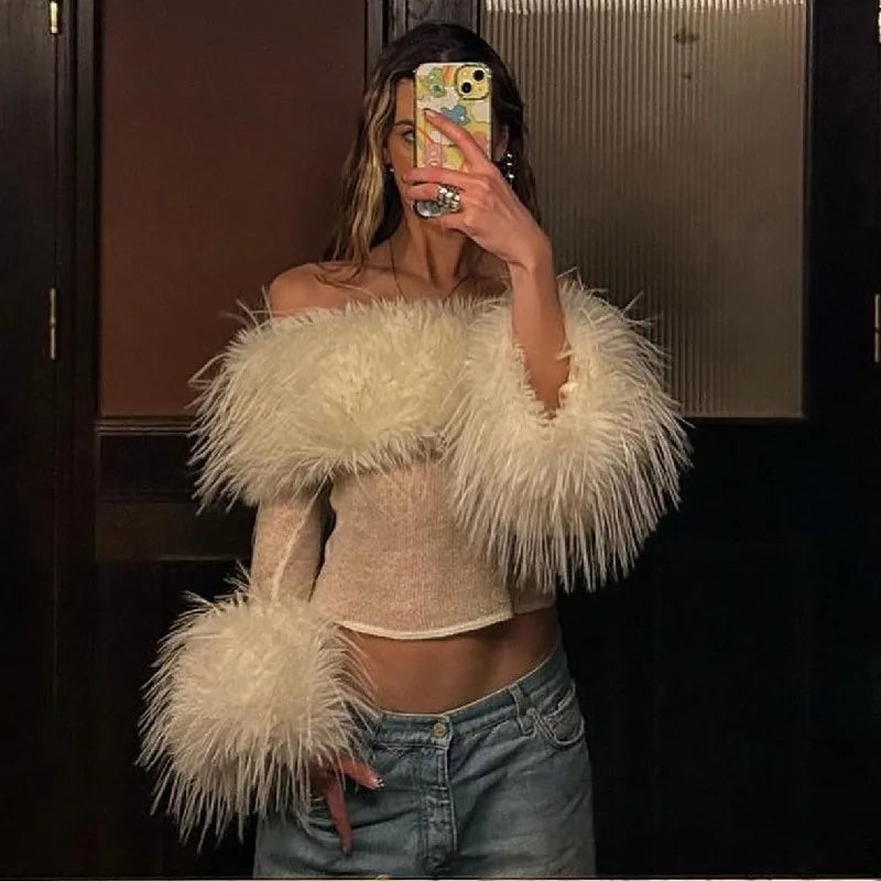 Fluffy Feather Tassel Off Shoulder Crop Top Long Sleeve T Shirts for Women Winter 2000s Y2k Tops White Black