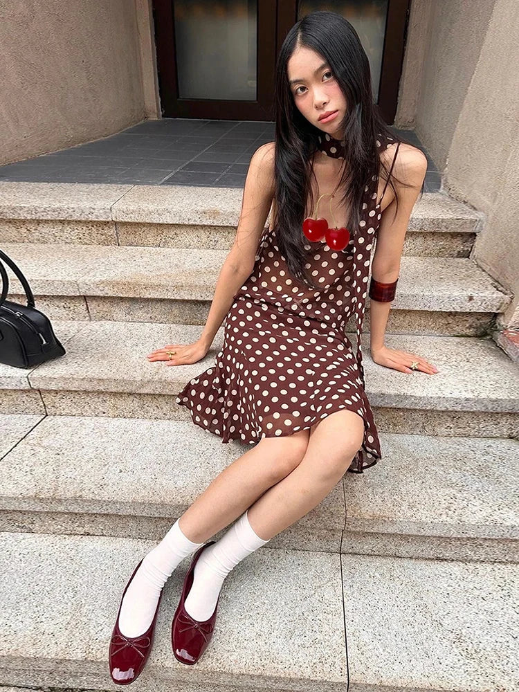 Polka Dot Print 3-Piece Set Women Scarf+V-Neck Camisole+Irregular Mid Skirts Matching High Street Sweet Elegant Suit