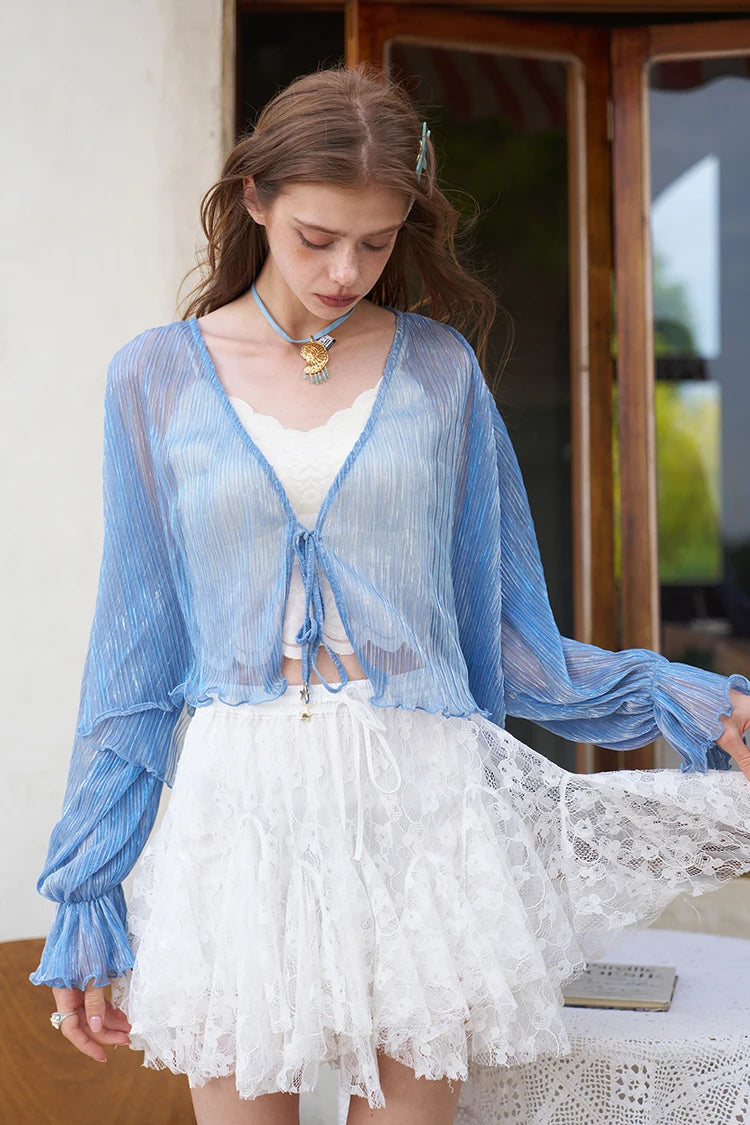 Women's Sheer Shimmer Knit Cardigan with Flared Cuffs, Thin Open Front Blue Shrug for Sun Protection, Holiday Crop Top