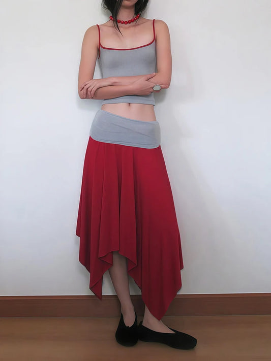 Casual 2 Piece Set Woman Summer Trend Low-Neck Backless Crop Tops+A-Line Skirt Contrast Color Patchwork Elegant Suits