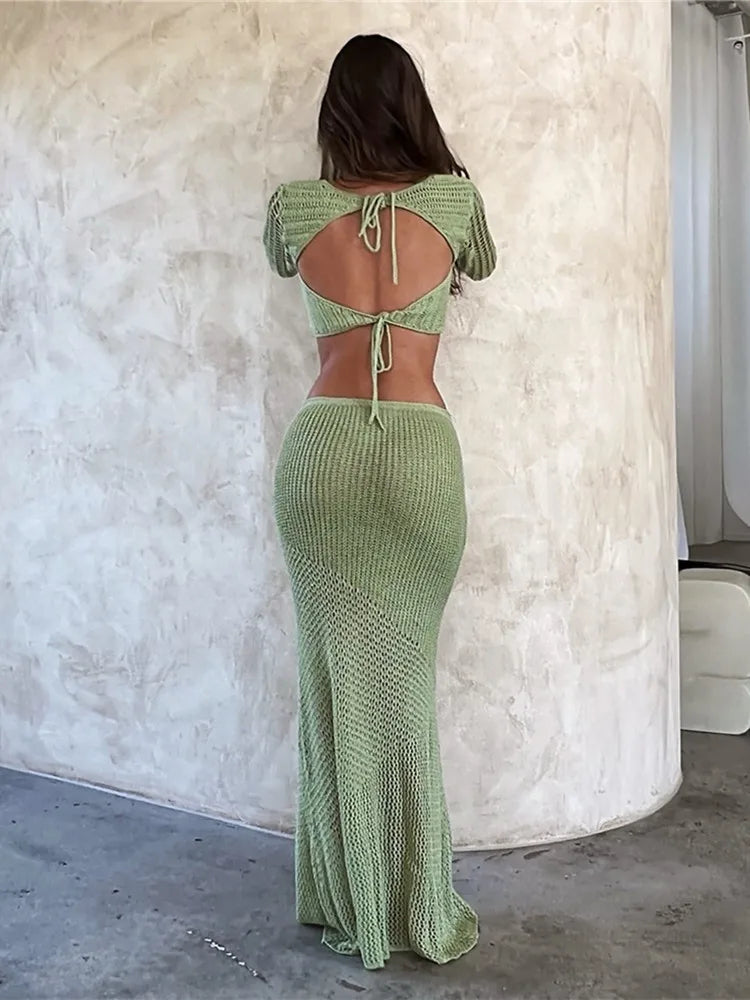 Women's Crochet Knit 2 Piece Skirt Set Hollow Out Crop Top Long Sleeve Backless Tie Up Club Bodycon Dress Outfits