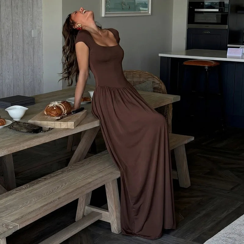 Cap-sleeve Flowing Pleated Maxi Dress Brown 2026 Fall Dresses for Woman Elegant Clothing