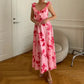 Women Graphic Print Maxi Dress Boho Beach V Neck Ruffles Strap A-line Dress Summer Holiday Backless Tie Up Long Dress