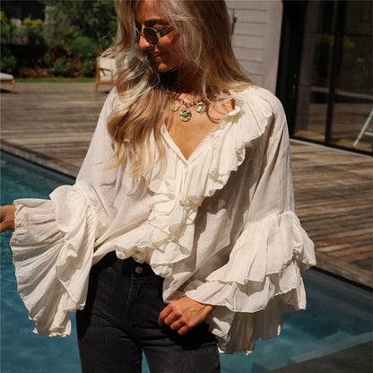 Elegant Women Ruffle Sheer Blouse Casual Loose V Neck Long Sleeve Shirts for Spring Summer Vintage Streetwear