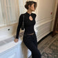 Fitted Black Long Sleeve Top with Keyhole Cutout Fashin 2026 Fall T Shirts Woman Clothing